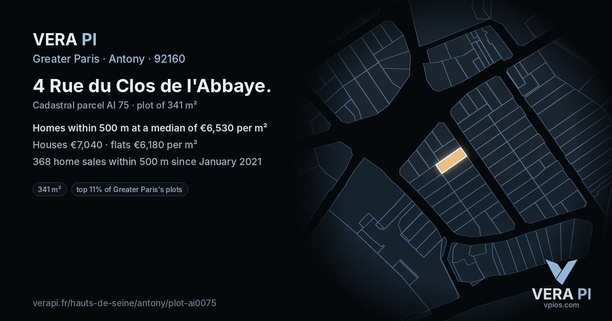 4 Rue du Clos de l'Abbaye, Antony at night – the plot lit, the parcels around coloured by the prices near them