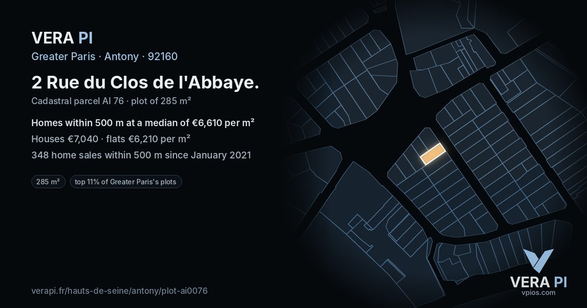 2 Rue du Clos de l'Abbaye, Antony at night – the plot lit, the parcels around coloured by the prices near them