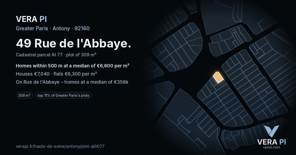 49 Rue de l'Abbaye, Antony at night – the plot lit, the parcels around coloured by the prices near them