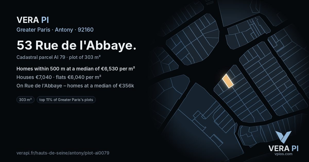 53 Rue de l'Abbaye, Antony at night – the plot lit, the parcels around coloured by the prices near them