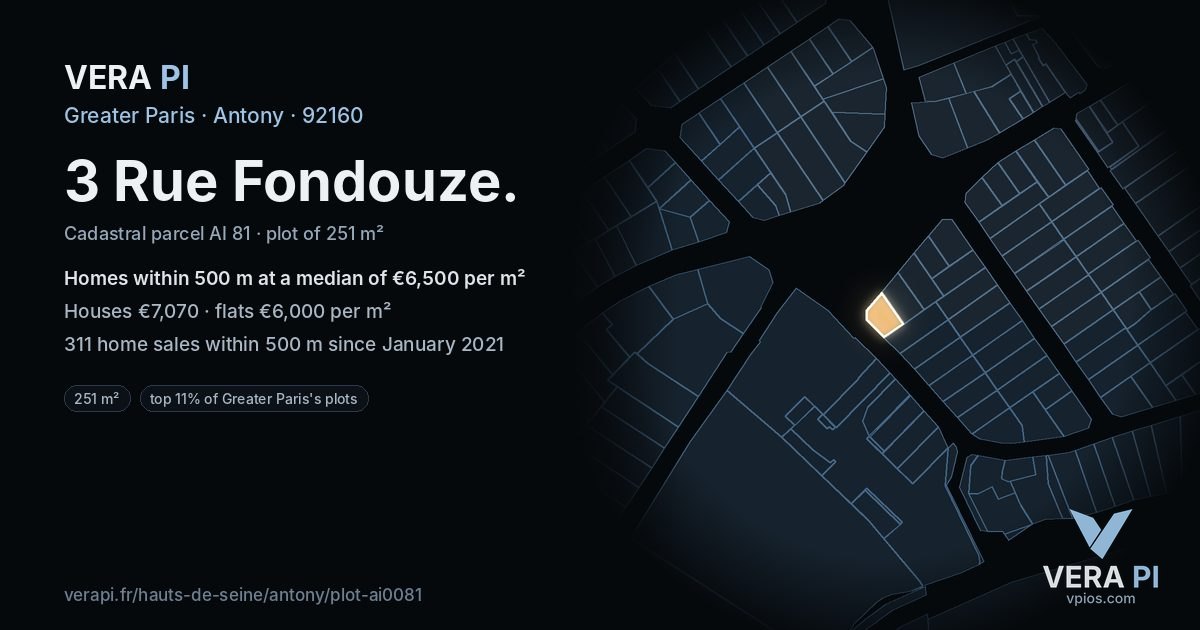 3 Rue Fondouze, Antony at night – the plot lit, the parcels around coloured by the prices near them