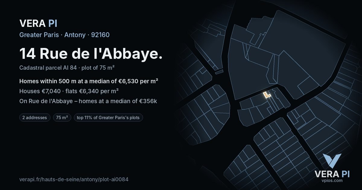 14 Rue de l'Abbaye, Antony at night – the plot lit, the parcels around coloured by the prices near them