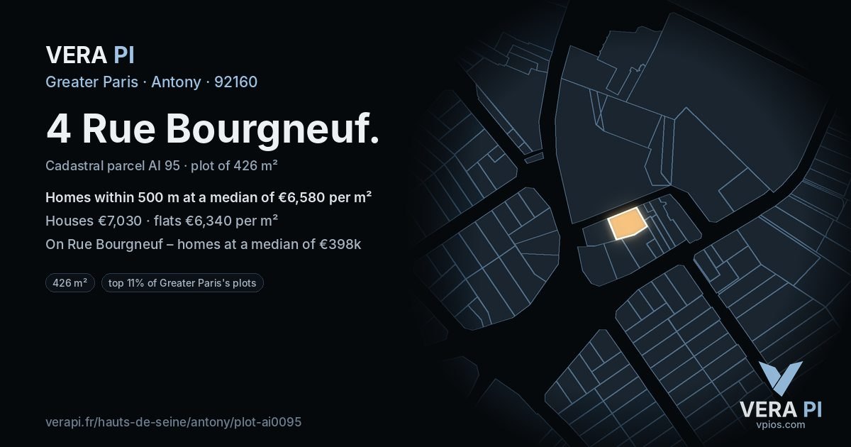 4 Rue Bourgneuf, Antony at night – the plot lit, the parcels around coloured by the prices near them