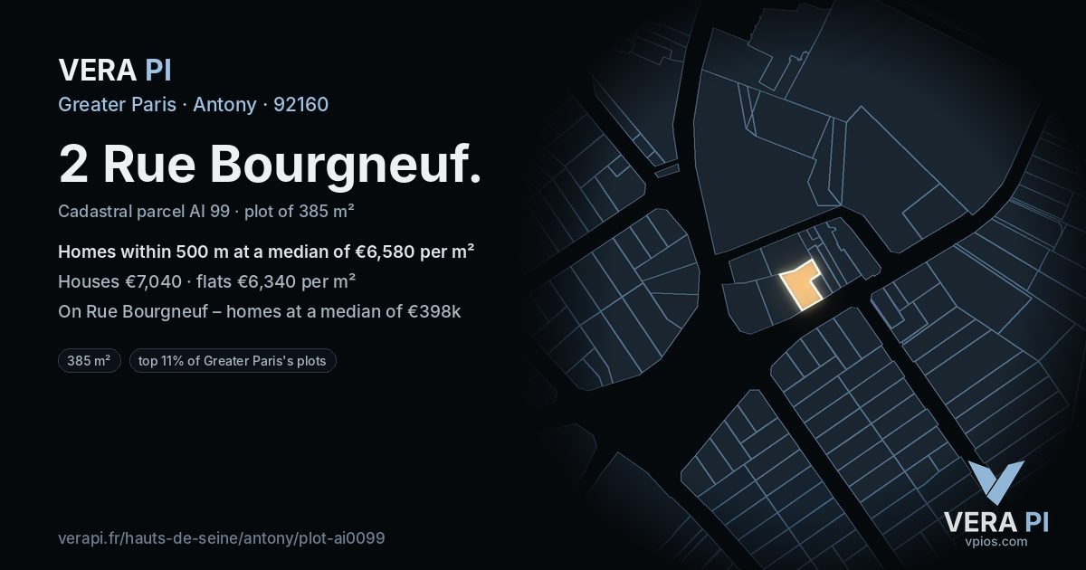 2 Rue Bourgneuf, Antony at night – the plot lit, the parcels around coloured by the prices near them