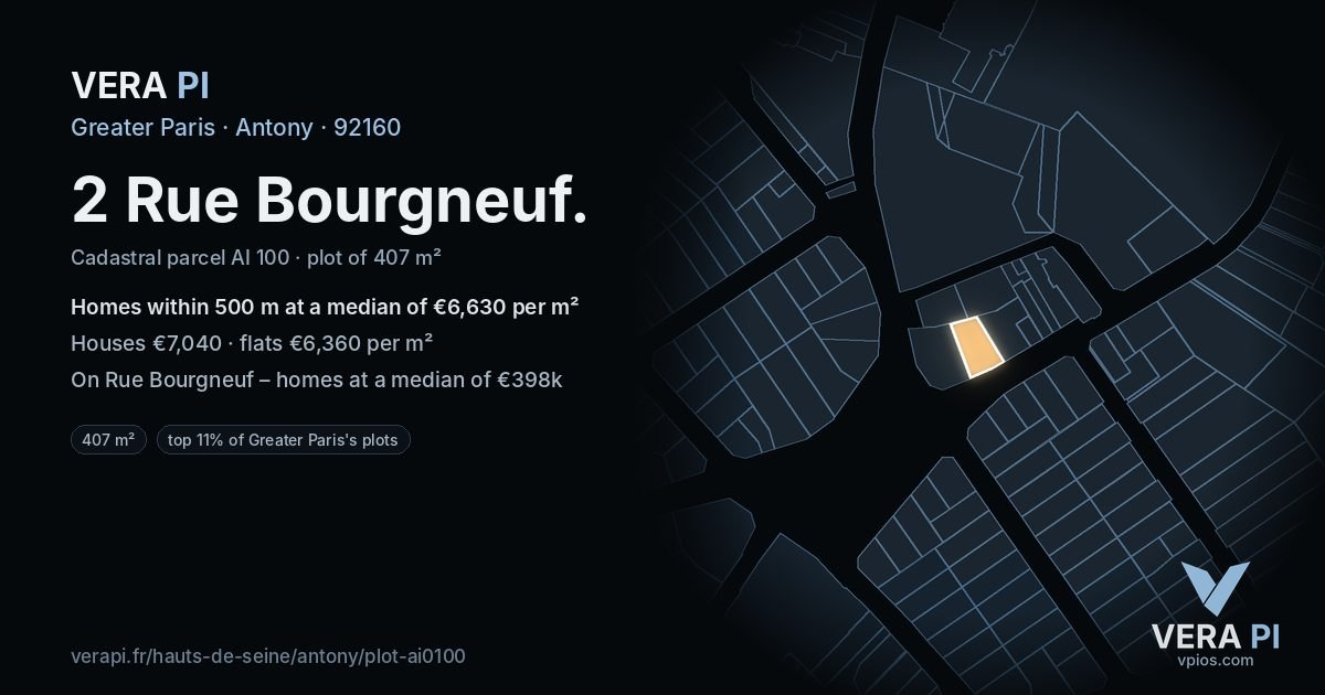 2 Rue Bourgneuf, Antony at night – the plot lit, the parcels around coloured by the prices near them