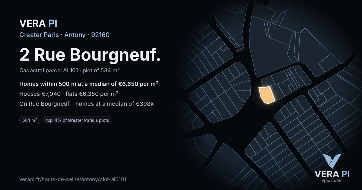 2 Rue Bourgneuf, Antony at night – the plot lit, the parcels around coloured by the prices near them