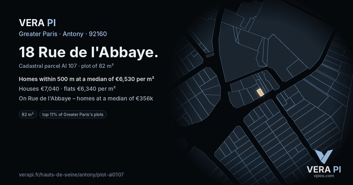 18 Rue de l'Abbaye, Antony at night – the plot lit, the parcels around coloured by the prices near them
