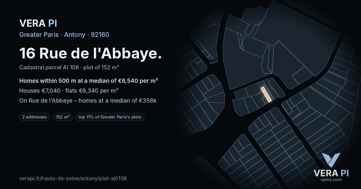 16 Rue de l'Abbaye, Antony at night – the plot lit, the parcels around coloured by the prices near them