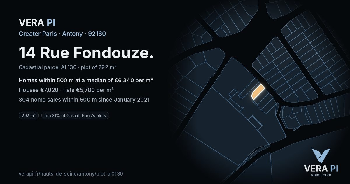 14 Rue Fondouze, Antony at night – the plot lit, the parcels around coloured by the prices near them