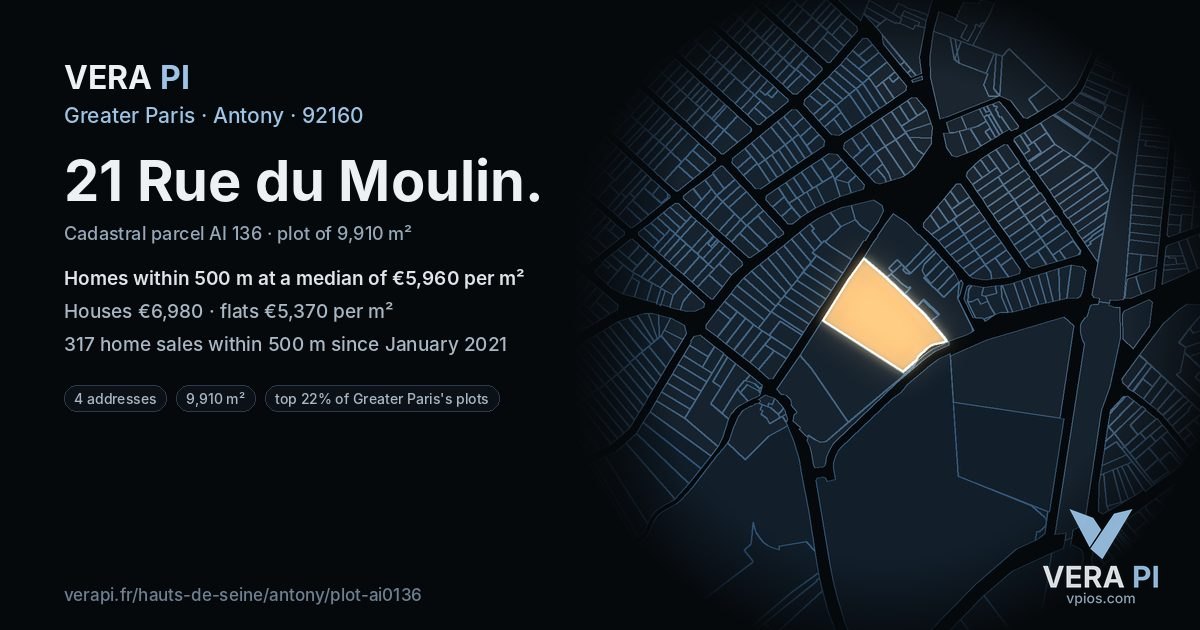 21 Rue du Moulin, Antony at night – the plot lit, the parcels around coloured by the prices near them