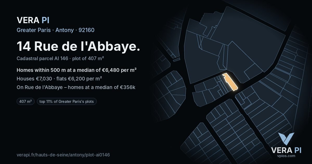 14 Rue de l'Abbaye, Antony at night – the plot lit, the parcels around coloured by the prices near them