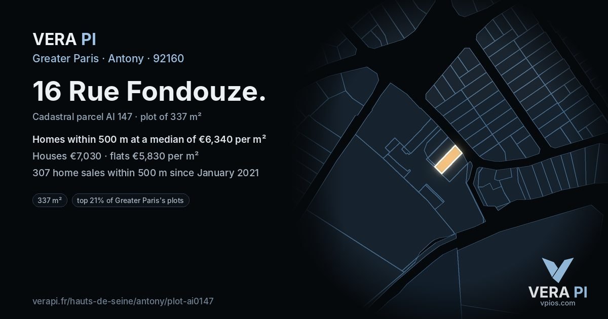 16 Rue Fondouze, Antony at night – the plot lit, the parcels around coloured by the prices near them