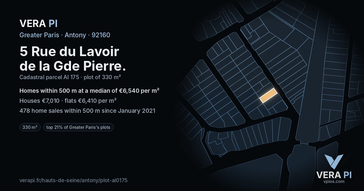 5 Rue du Lavoir de la Gde Pierre, Antony at night – the plot lit, the parcels around coloured by the prices near them