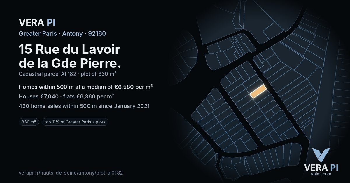 15 Rue du Lavoir de la Gde Pierre, Antony at night – the plot lit, the parcels around coloured by the prices near them