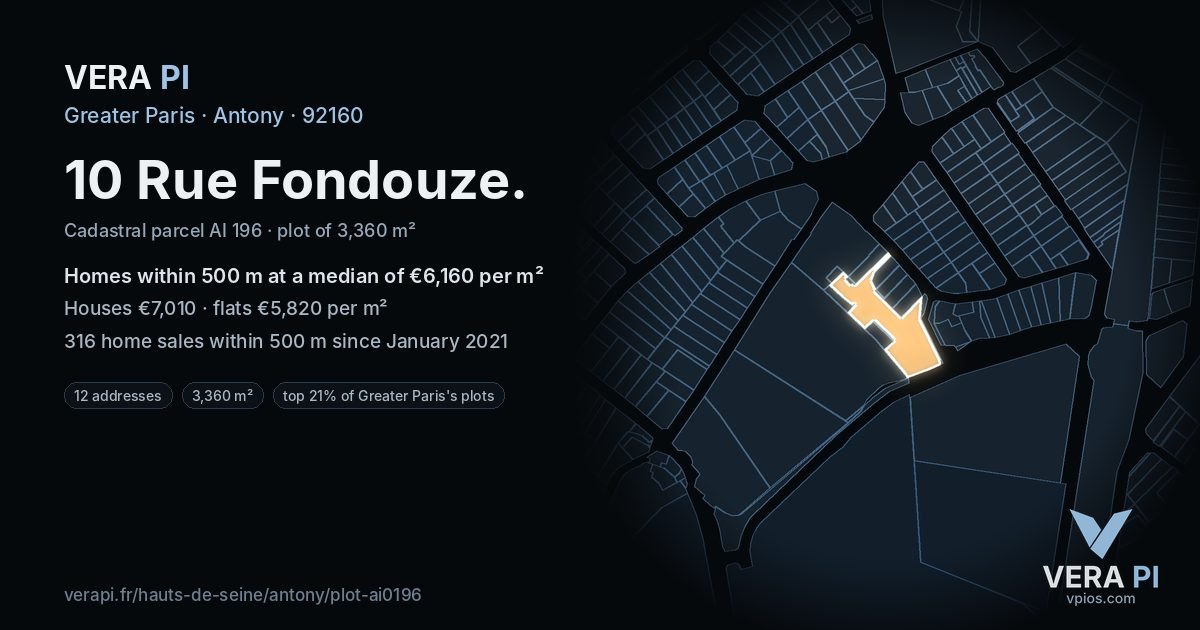 10 Rue Fondouze, Antony at night – the plot lit, the parcels around coloured by the prices near them