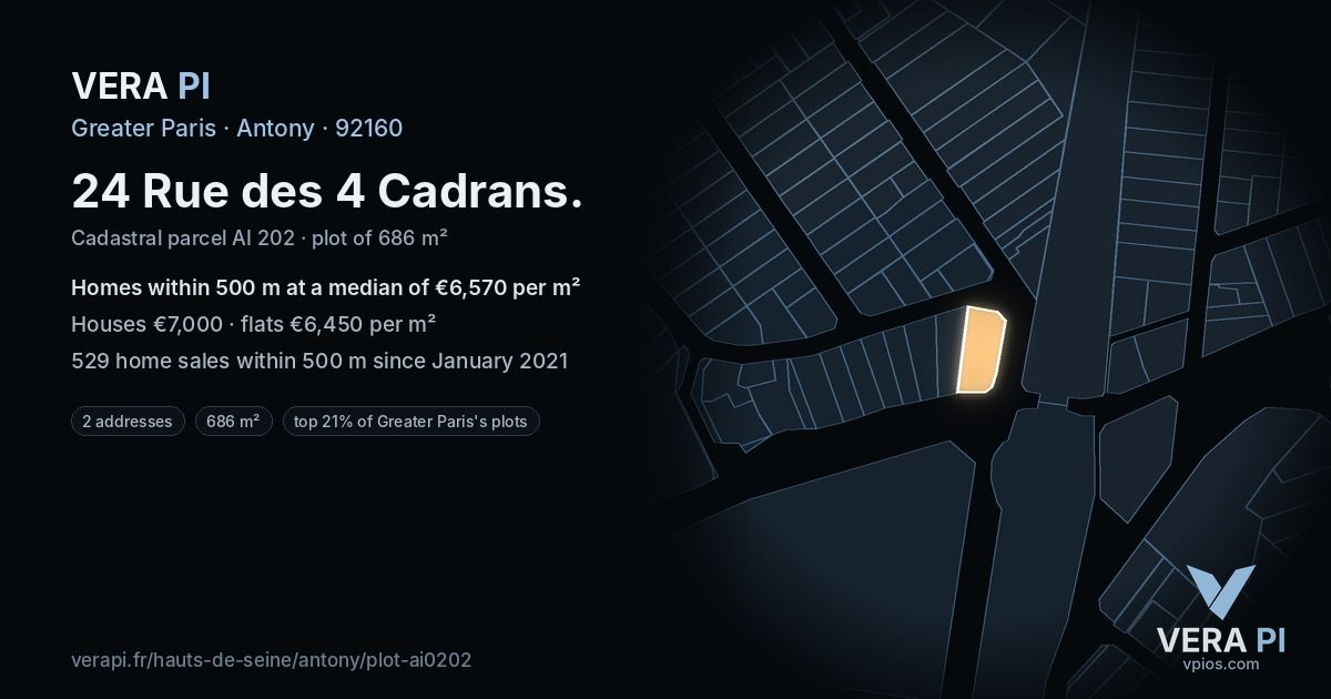 24 Rue des 4 Cadrans, Antony at night – the plot lit, the parcels around coloured by the prices near them