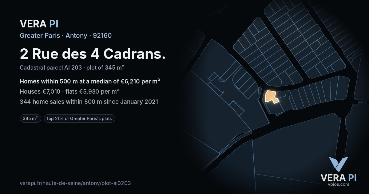 2 Rue des 4 Cadrans, Antony at night – the plot lit, the parcels around coloured by the prices near them