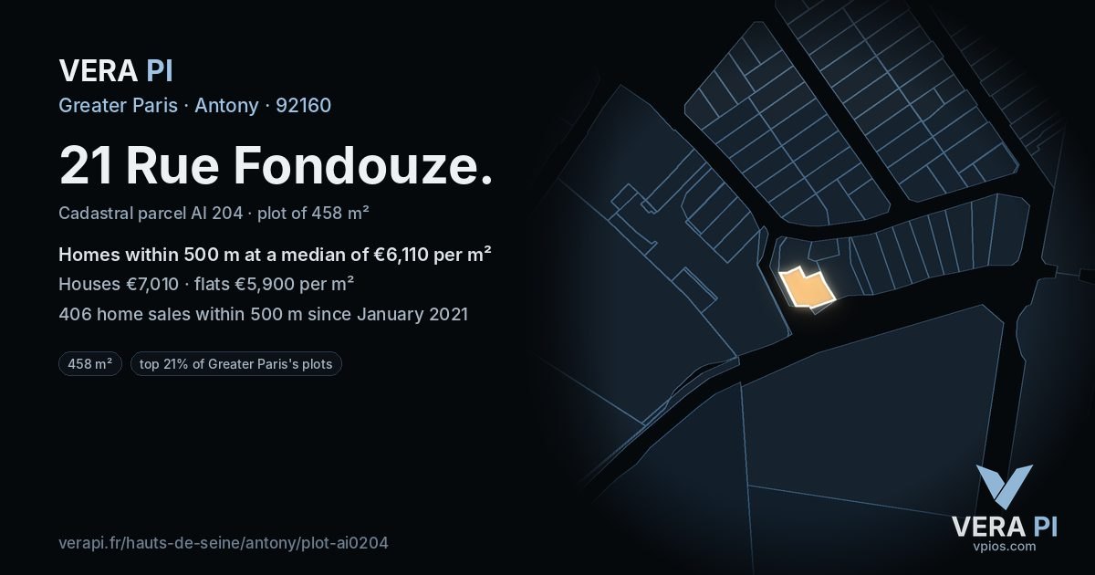 21 Rue Fondouze, Antony at night – the plot lit, the parcels around coloured by the prices near them