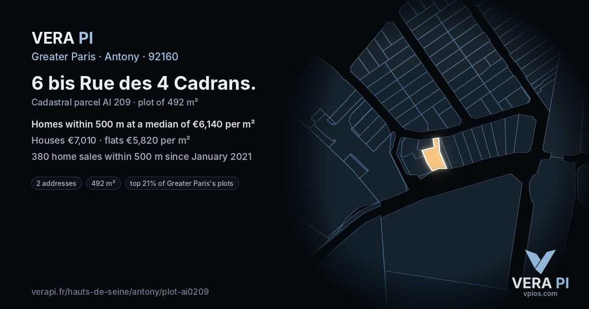 6 bis Rue des 4 Cadrans, Antony at night – the plot lit, the parcels around coloured by the prices near them