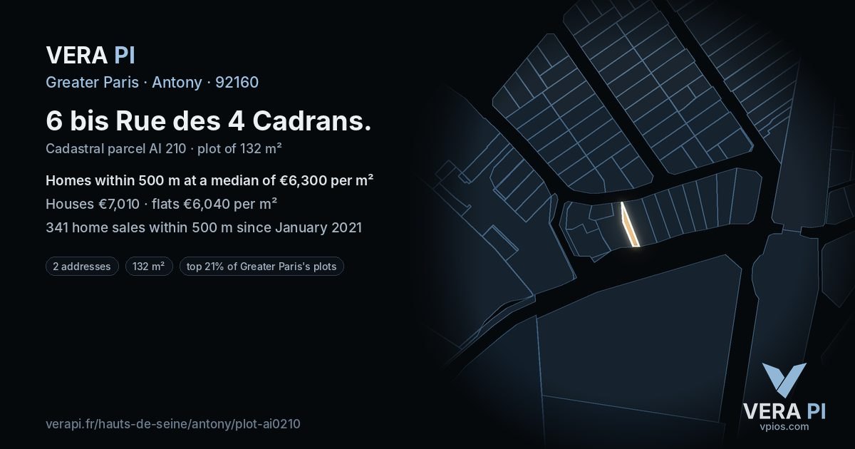 6 bis Rue des 4 Cadrans, Antony at night – the plot lit, the parcels around coloured by the prices near them