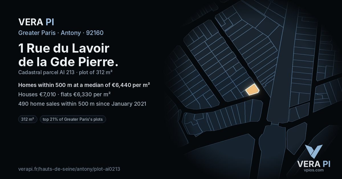 1 Rue du Lavoir de la Gde Pierre, Antony at night – the plot lit, the parcels around coloured by the prices near them