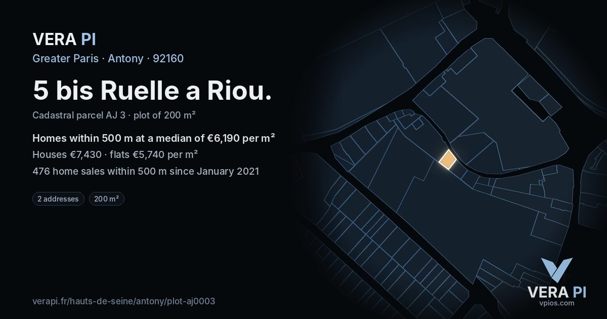 5 bis Ruelle a Riou, Antony at night – the plot lit, the parcels around coloured by the prices near them
