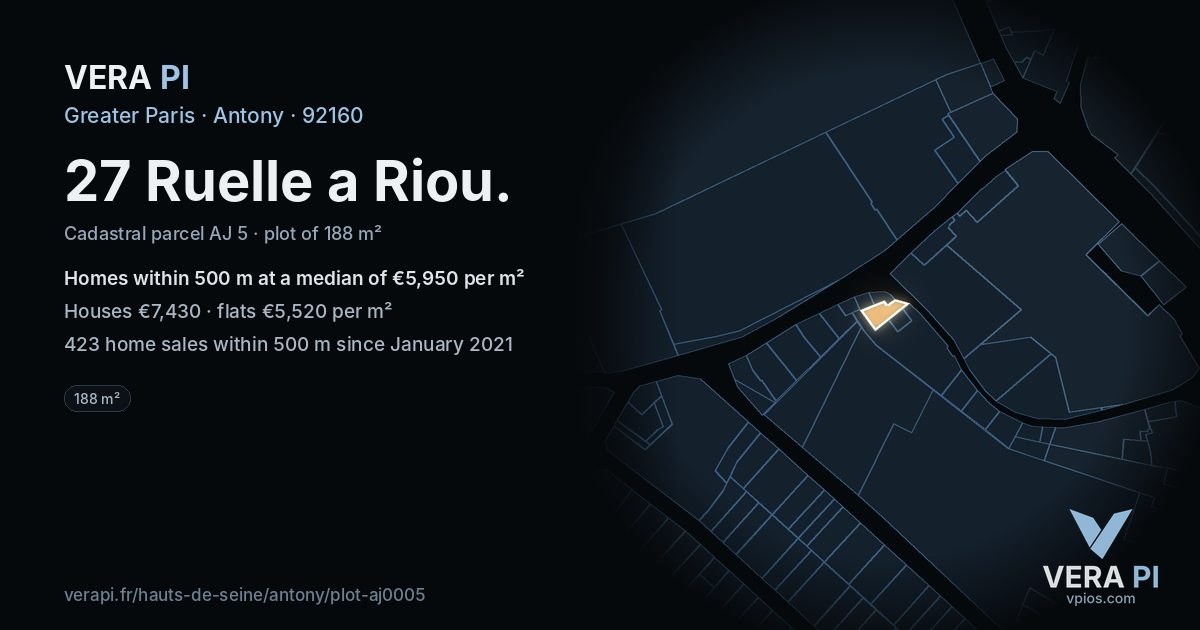 27 Ruelle a Riou, Antony at night – the plot lit, the parcels around coloured by the prices near them