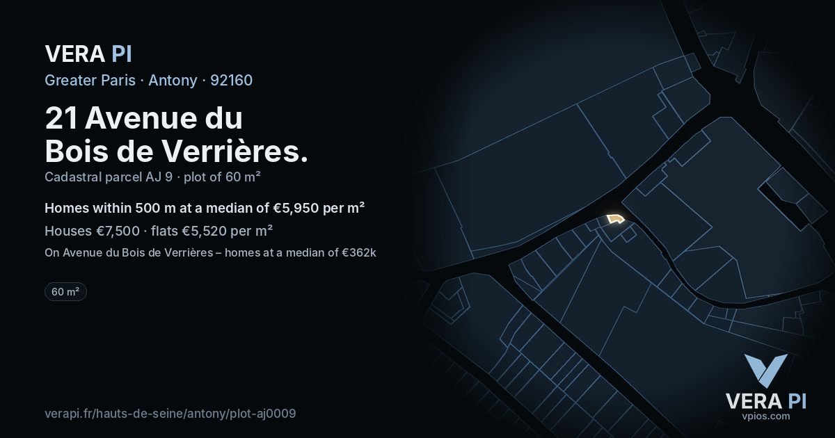 21 Avenue du Bois de Verrières, Antony at night – the plot lit, the parcels around coloured by the prices near them