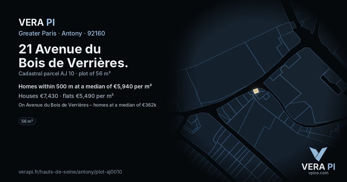 21 Avenue du Bois de Verrières, Antony at night – the plot lit, the parcels around coloured by the prices near them