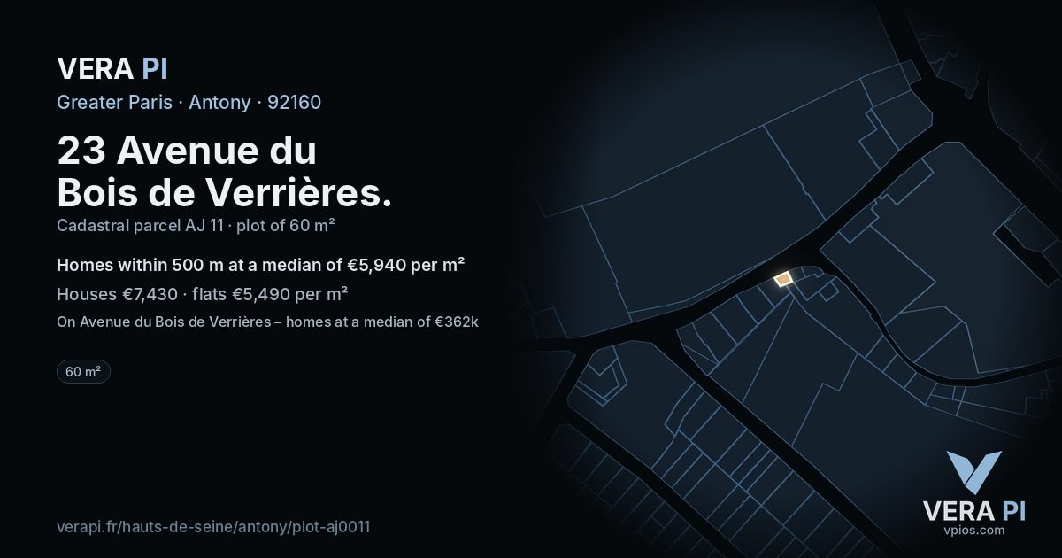 23 Avenue du Bois de Verrières, Antony at night – the plot lit, the parcels around coloured by the prices near them