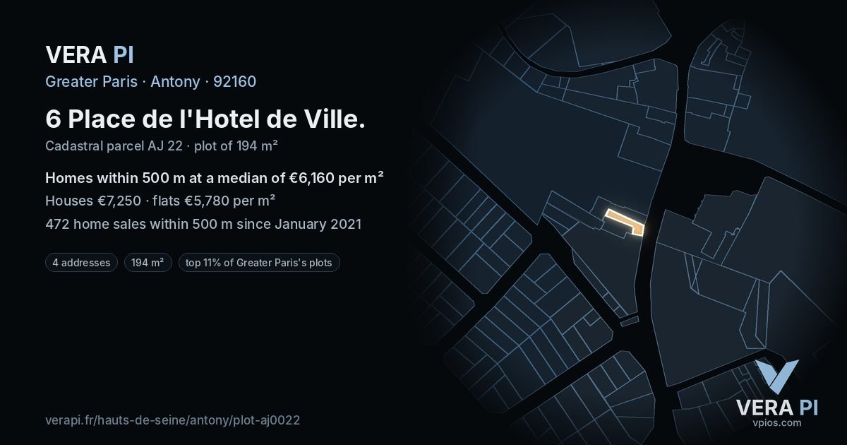 6 Place de l'Hotel de Ville, Antony at night – the plot lit, the parcels around coloured by the prices near them