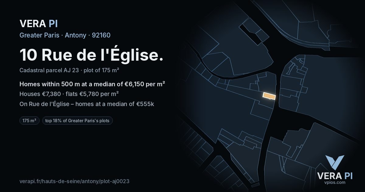 10 Rue de l'Église, Antony at night – the plot lit, the parcels around coloured by the prices near them
