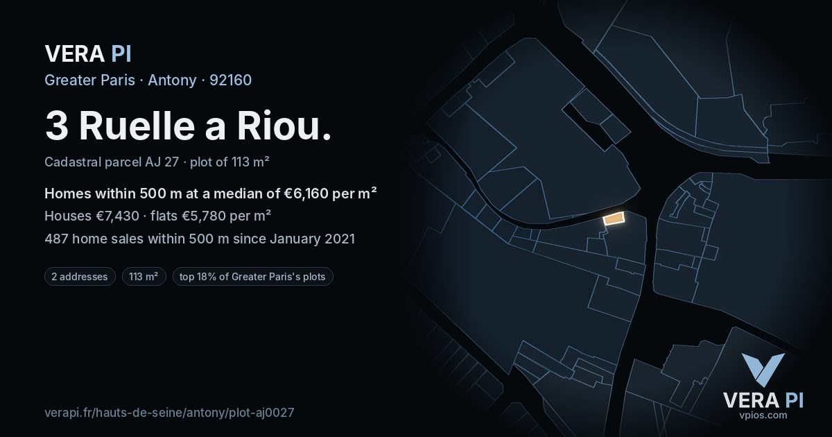3 Ruelle a Riou, Antony at night – the plot lit, the parcels around coloured by the prices near them