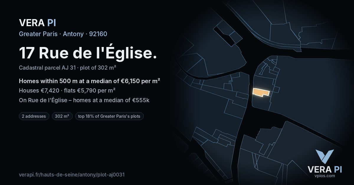 17 Rue de l'Église, Antony at night – the plot lit, the parcels around coloured by the prices near them