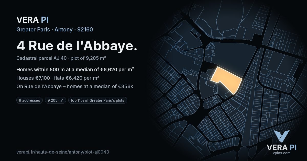 4 Rue de l'Abbaye, Antony at night – the plot lit, the parcels around coloured by the prices near them