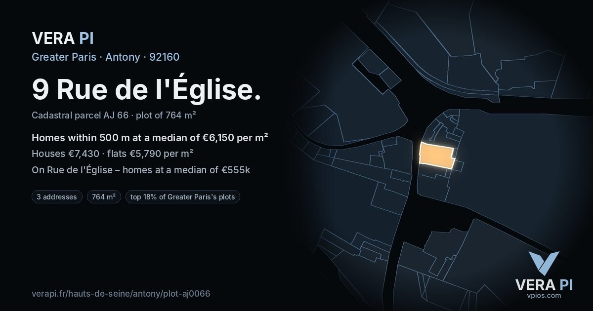 9 Rue de l'Église, Antony at night – the plot lit, the parcels around coloured by the prices near them