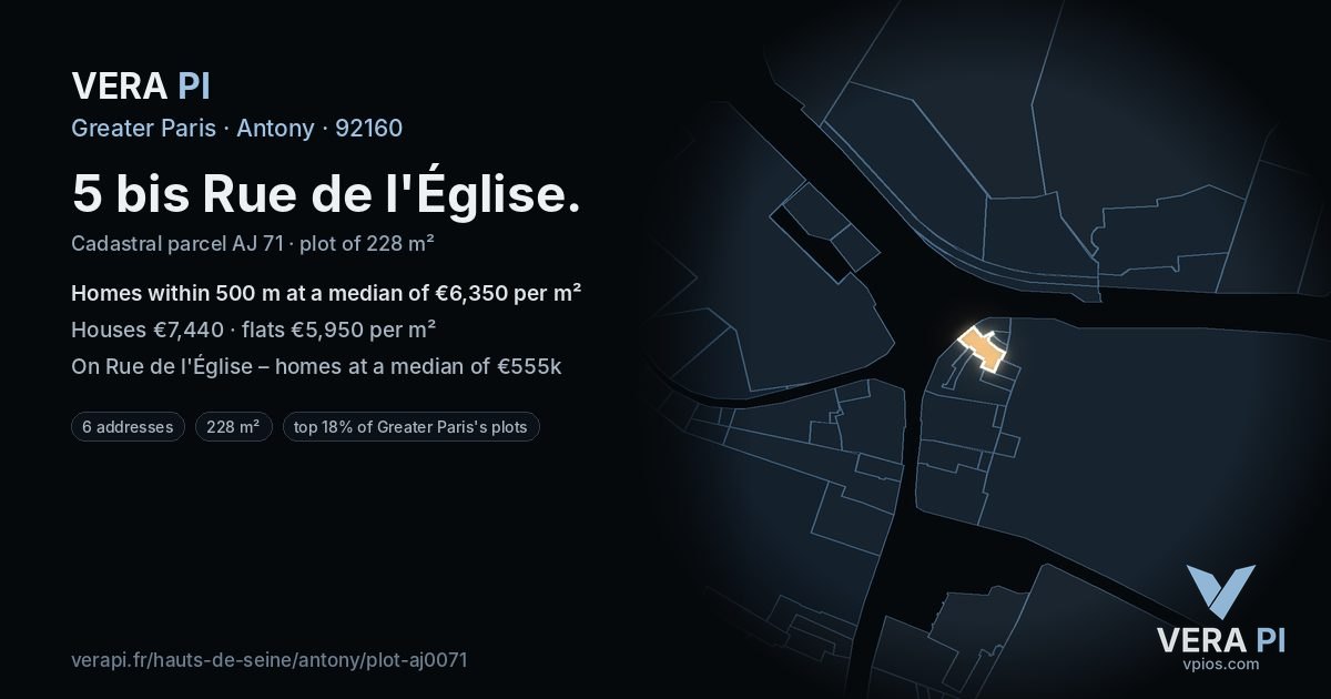 5 bis Rue de l'Église, Antony at night – the plot lit, the parcels around coloured by the prices near them