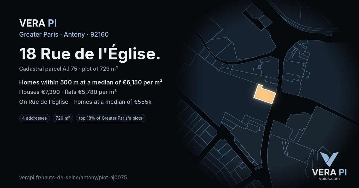 18 Rue de l'Église, Antony at night – the plot lit, the parcels around coloured by the prices near them