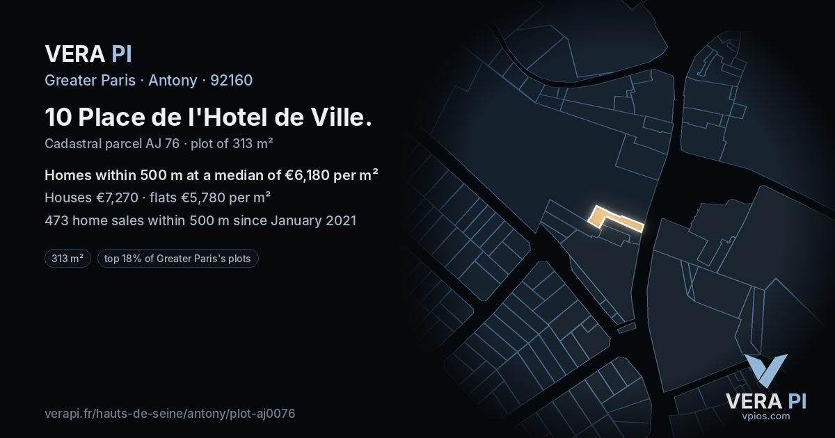 10 Place de l'Hotel de Ville, Antony at night – the plot lit, the parcels around coloured by the prices near them