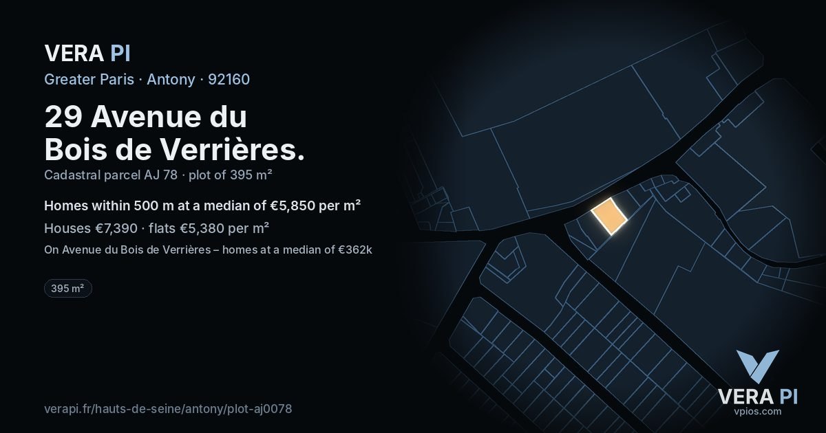 29 Avenue du Bois de Verrières, Antony at night – the plot lit, the parcels around coloured by the prices near them