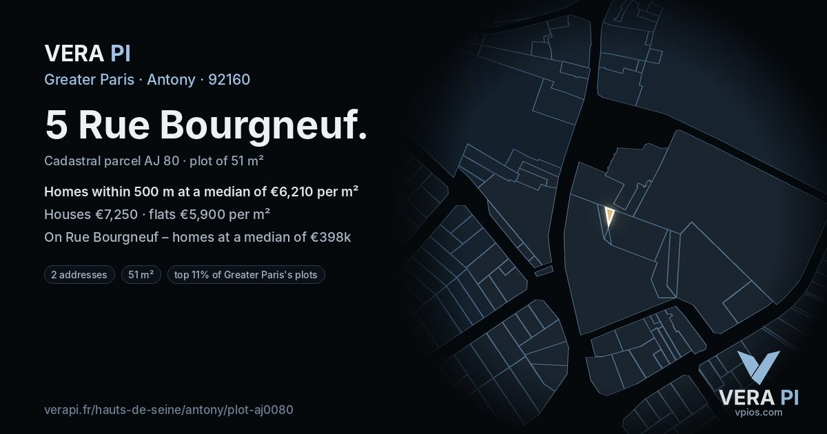 5 Rue Bourgneuf, Antony at night – the plot lit, the parcels around coloured by the prices near them