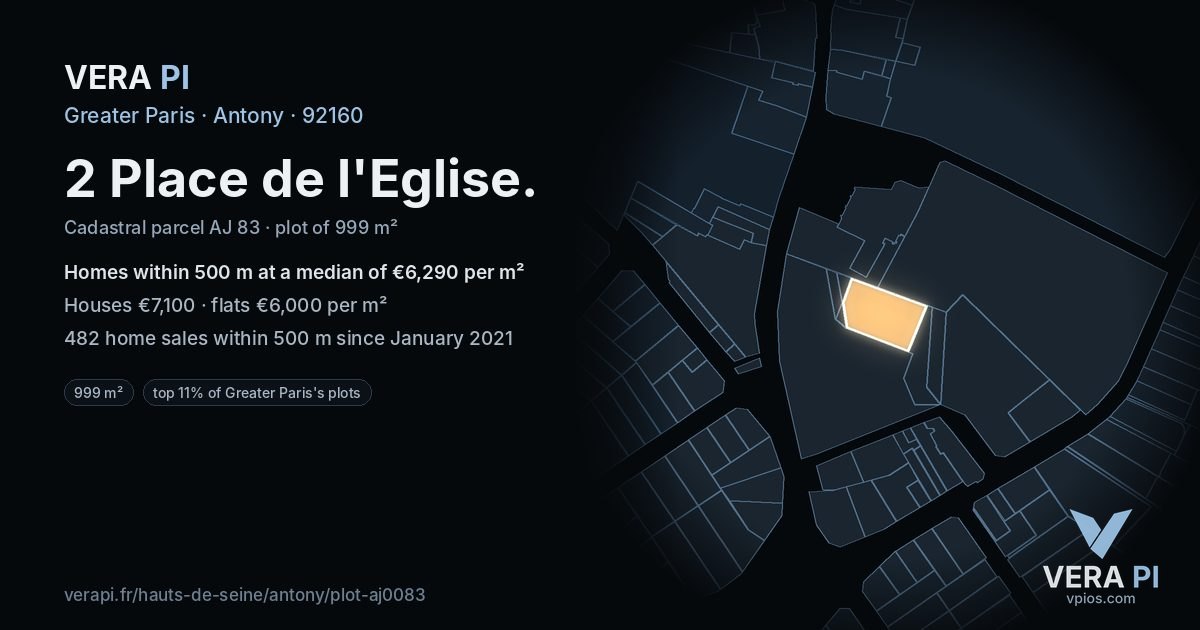 2 Place de l'Eglise, Antony at night – the plot lit, the parcels around coloured by the prices near them