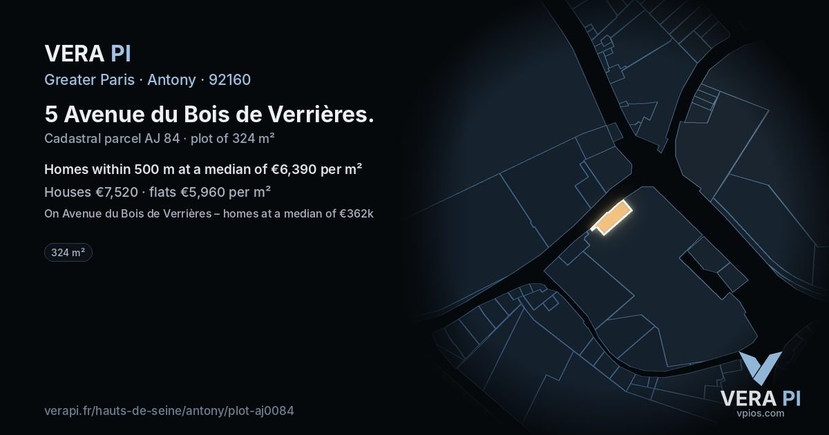 5 Avenue du Bois de Verrières, Antony at night – the plot lit, the parcels around coloured by the prices near them