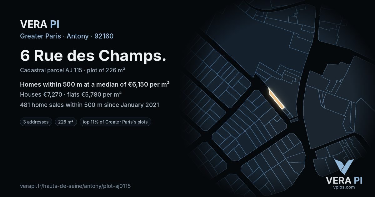 6 Rue des Champs, Antony at night – the plot lit, the parcels around coloured by the prices near them