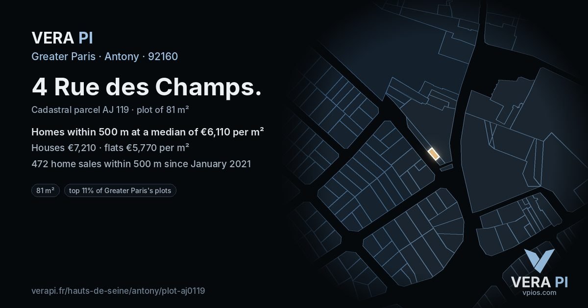 4 Rue des Champs, Antony at night – the plot lit, the parcels around coloured by the prices near them