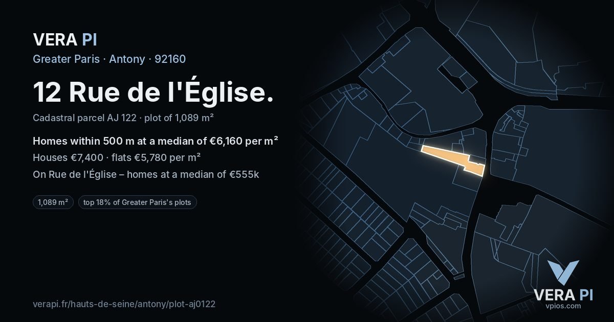 12 Rue de l'Église, Antony at night – the plot lit, the parcels around coloured by the prices near them