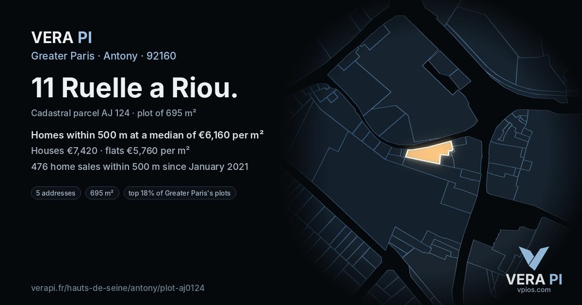 11 Ruelle a Riou, Antony at night – the plot lit, the parcels around coloured by the prices near them