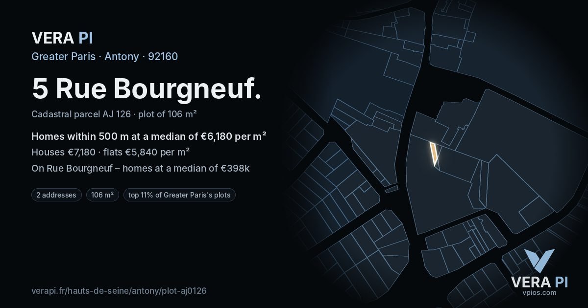 5 Rue Bourgneuf, Antony at night – the plot lit, the parcels around coloured by the prices near them