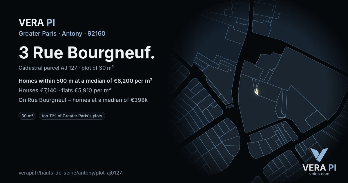 3 Rue Bourgneuf, Antony at night – the plot lit, the parcels around coloured by the prices near them