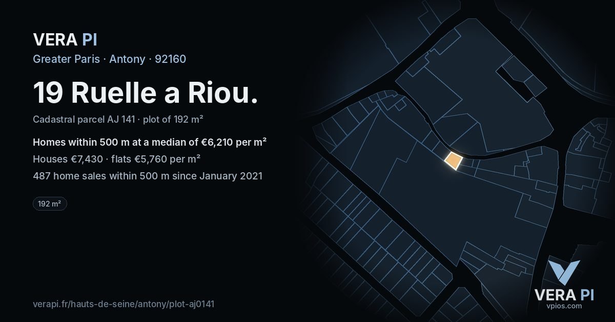 19 Ruelle a Riou, Antony at night – the plot lit, the parcels around coloured by the prices near them